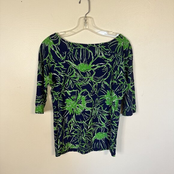 Lilly Pulitzer Floral Cotton Top 3/4 Sleeve Boatneck Womens Large Navy Blue - Picture 3 of 5